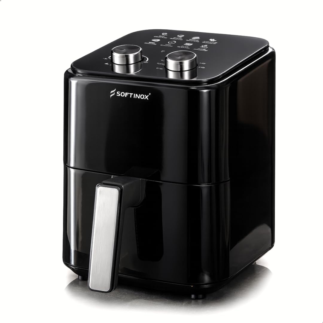 Fritadeira Air Fryer Elétrica Sem Óleo 4.2 L 1300w, 110v com 8 Receitas Prontas SOFTINOX Preta, Interior em Inox Antiaderente, Airfryer + 50 formas de Papel