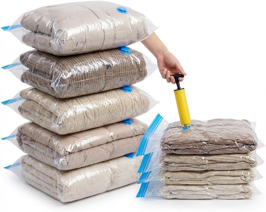 Kit 10 Sacos a Vácuo para Viagem e Organização de Roupas, Cobertores e Edredons com Bomba Manual Reutilizável – Organizador de Mala, Guarda-Roupa e Armário, Reduz Volume e Economiza Espaço