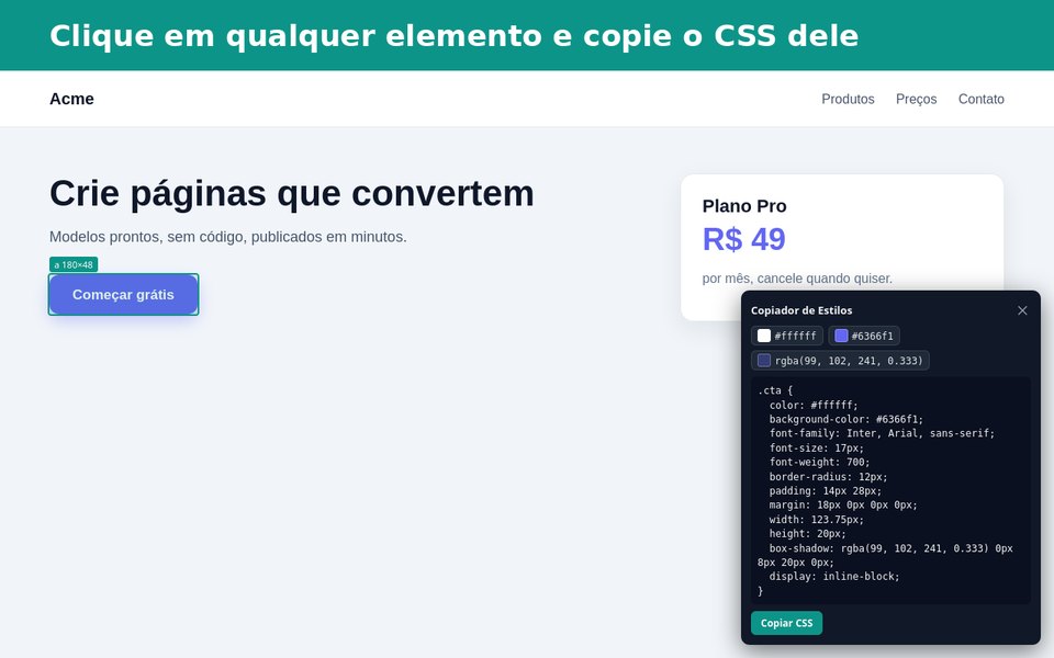 Copiador de Estilos mostrando o CSS de um botão selecionado numa página