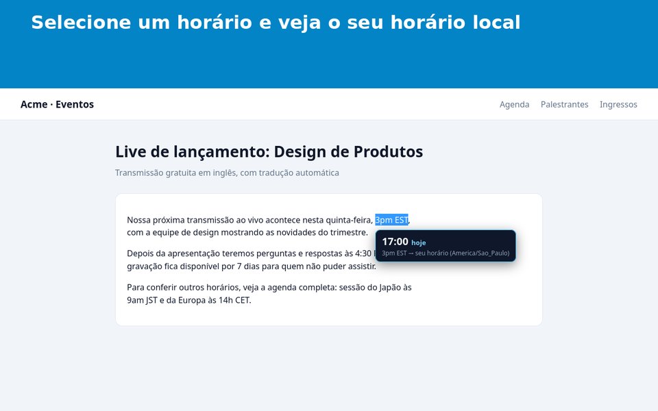 Balão mostrando 17:00 hoje ao selecionar 3pm EST numa página