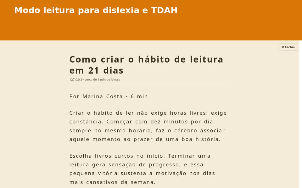 Modo leitura em tema sépia com fonte espaçada mostrando um artigo de blog
