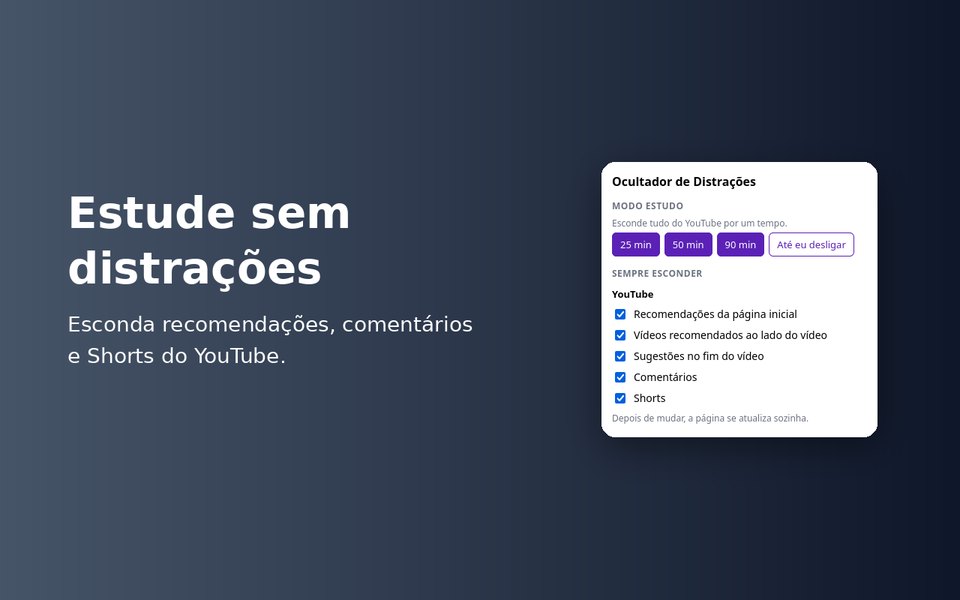 Popup do Ocultador de Distrações com o Modo estudo e as opções do YouTube