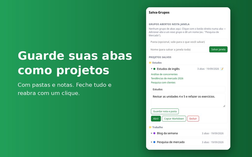 Popup do Salva-Grupos com projetos organizados em pastas e uma nota